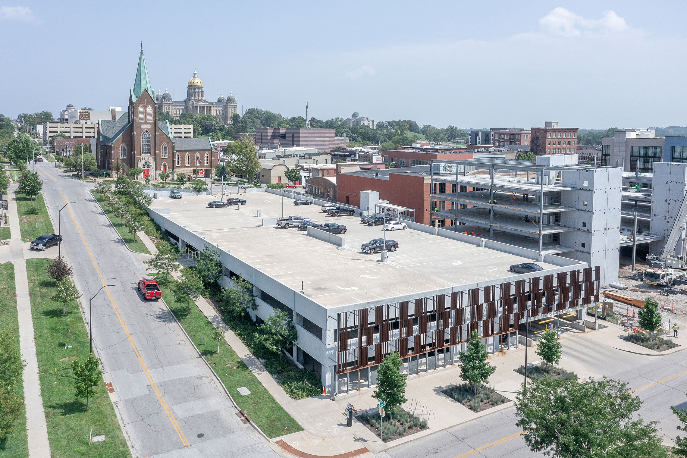 East Village Parking Garage drone view with the Capitol in the background